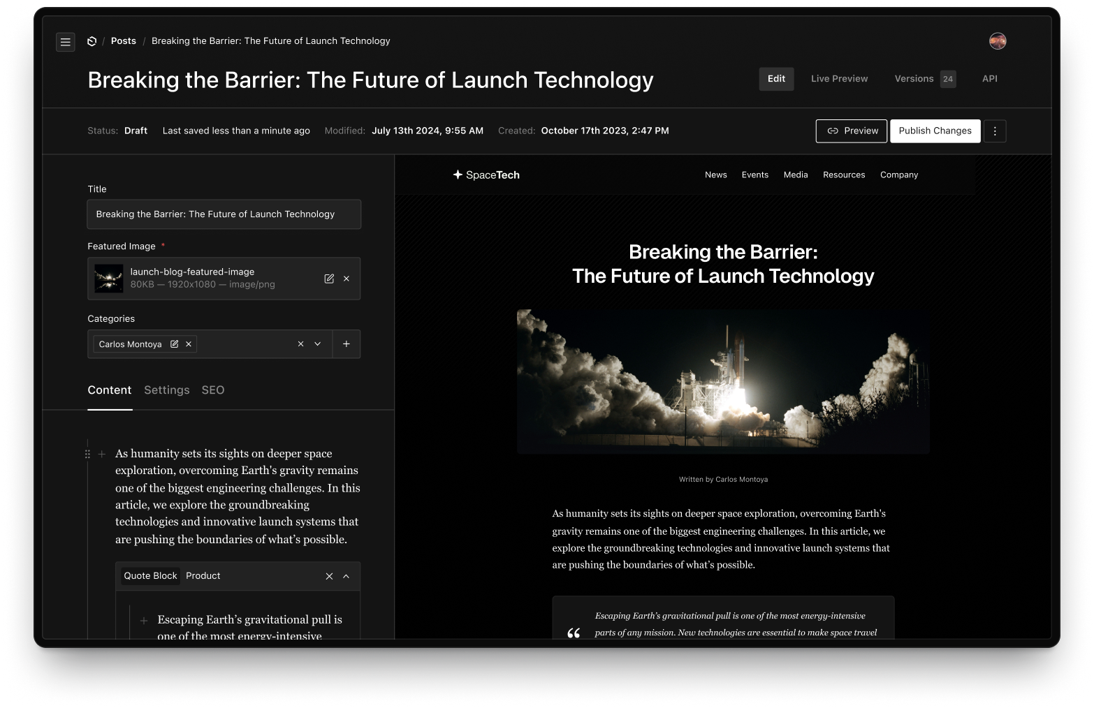 Payload CMS admin panel editing an article with a live preview of the rendered page on the right